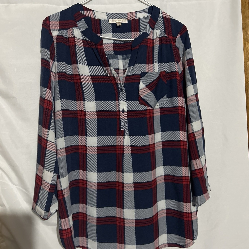 Skies Are Blue Plaid Button-Up Split Neck Roll Tab Sleeve Blouse Women's S